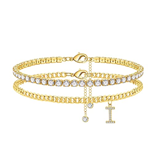 Fussketten für Frauen, 14K Vergoldet 2pcs Fußkettchen für Damen Fußkette Gold I mit Buchstaben Anhänger Cz Tennisarmband Fusskette Set Schmuck Sommer Stand Beach Geschenke für Freundin Frauen Mädchen von TINGN