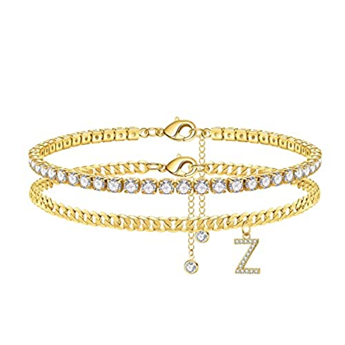 Fussketten für Frauen, 14K Vergoldet Fußkettchen für Damen Doppel Cz Fußkette Damen mit Z Buchstaben Gold Tennis Fussketten Set Sommer Stand Schmuck Geschenk für Frauen Mädchen Kinder von TINGN