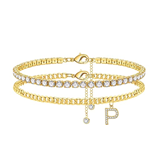 Fussketten für Frauen, Fußkettchen für Damen Fußkette mit P Buchstaben Damen Gold Cz Tennis Schmuck Doppel Fussketten Set Verstellbare Stabil Sommer Stand Beach Fußkette Geschenke für Frauen Mädchen von TINGN