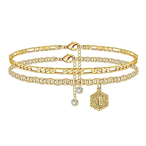 TINGN Fussketten für Frauen, Gold T Buchstaben Fußkettchen für Damen Fußkette Figarokette Boho Modeschmuck Summer Stand Fussketten Set Kleine Geschenke für Frauen Freundin Kinder Mädchen Tochter von TINGN