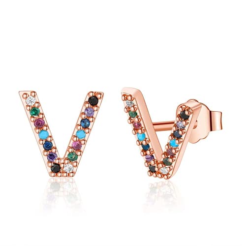 Ohrstecker Mädchen Frauen, Hypoallergene 925 Sterling Silber Post Regenbogen Cubic Zirkonia Vergoldet V Initial Ohrringe Rosegold für Mädchen Frauen Schmuck Geschenke von TINGN