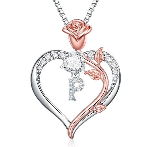 TINGN Geschenke für Frauen Sie - Halskette Damen Silber 925 Herz Rose Kette Anhänger Kette mit Buchstaben P Schmuck Valentinstag Muttertags Jahrestag Geburtstag Geschenke für Mutter Ehefrau Freundin von TINGN