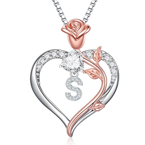 TINGN Halskette Damen Silber 925 - Silberkette Damen Herz Halskette Frauen Silber Intiale S Kette mit Buchstaben Rose Schmuck Herz Valentinstag Muttertag Geburtstag Geschenk für Frauen Freundin Mama von TINGN