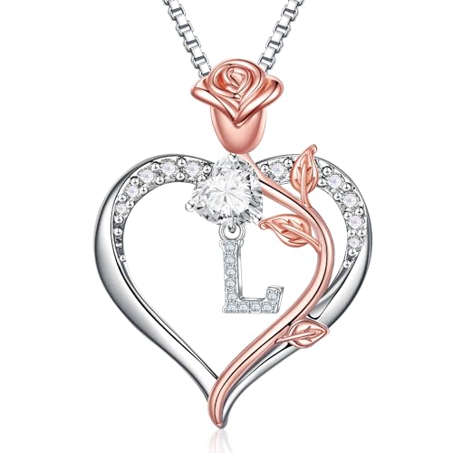 TINGN Muttertagsgeschenke für Mama - Halskette Damen Silber 925 Damen Herz Halskette Silber Intiale L Kette mit Buchstaben Rose Schmuck Herz Geburtstag Muttertag Geschenk für Frauen Freundin Mama von TINGN