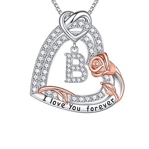 TINGN Herz Anhänger Halskette Geschenke für Frauen Mädchen, Sterling Silber Rose Liebe Herz Kette B Buchstabe Anhänger Halskette Schmuck Muttertag Valentinstag Geschenke für Mutter Ehefrau Jahrestag von TINGN