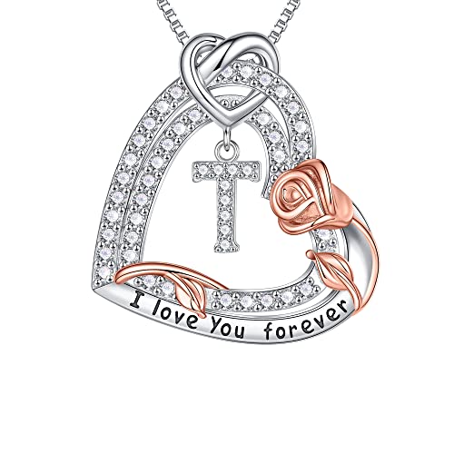 TINGN Herz Anhänger Halskette Geschenke für Frauen Mädchen, Sterling Silber Rose Liebe Herz Kette T Buchstabe Anhänger Halskette Schmuck Muttertag Valentinstag Geschenke für Mutter Ehefrau Jahrestag von TINGN