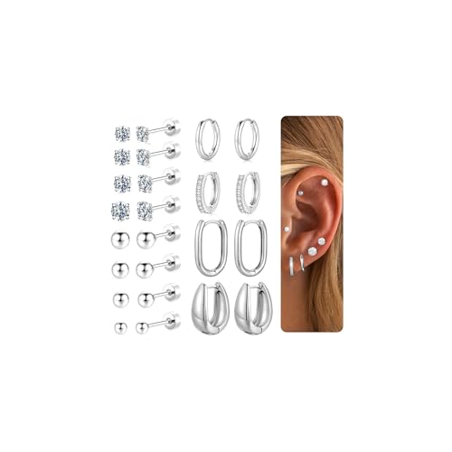 TINGN 12 Paar Flatback Ohrringe Gold Silber Set 316L Chirurgenstahl Creolen Ohrringe Helix Tragus Piercing Ohr Ohrstecker CZ Herz Knorpel Ohr Schmuck für Damen Herren von TINGN