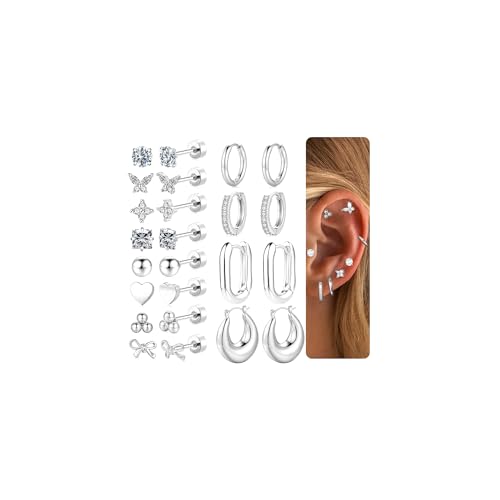 TINGN 12 Paar Flatback Ohrringe Gold Silber Set 316L Chirurgenstahl Creolen Ohrringe Helix Tragus Piercing Ohr Ohrstecker CZ Herz Knorpel Ohr Schmuck für Damen Herren von TINGN