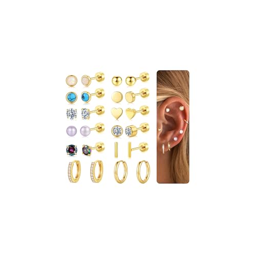 TINGN 12 Paar Flatback Ohrringe Gold Silber Set 316L Chirurgenstahl Creolen Ohrringe Helix Tragus Piercing Ohr Ohrstecker CZ Herz Knorpel Ohr Schmuck für Damen Herren von TINGN