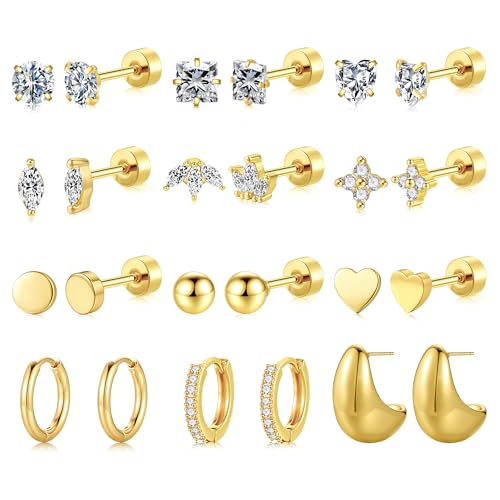 TINGN 12 Paar Flatback Ohrringe Gold Silber Set 316L Chirurgenstahl Creolen Ohrringe Helix Tragus Piercing Ohr Ohrstecker CZ Herz Knorpel Ohr Schmuck für Damen Herren von TINGN