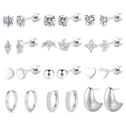 TINGN 12 Paar Flatback Ohrringe Gold Silber Set 316L Chirurgenstahl Creolen Ohrringe Helix Tragus Piercing Ohr Ohrstecker CZ Herz Knorpel Ohr Schmuck für Damen Herren von TINGN