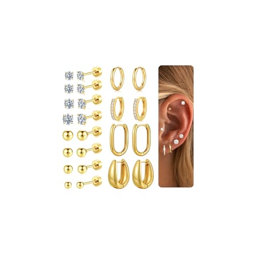 TINGN 12 Paar Flatback Ohrringe Gold Silber Set 316L Chirurgenstahl Creolen Ohrringe Helix Tragus Piercing Ohr Ohrstecker CZ Herz Knorpel Ohr Schmuck für Damen Herren von TINGN