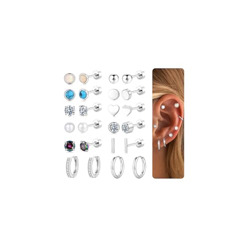 TINGN 12 Paar Flatback Ohrringe Gold Silber Set 316L Chirurgenstahl Creolen Ohrringe Helix Tragus Piercing Ohr Ohrstecker CZ Herz Knorpel Ohr Schmuck für Damen Herren von TINGN