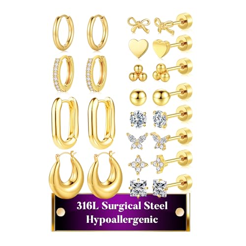 TINGN 12 Paar Ohrringe Stecker Gold Silber Set 316L Chirurgenstahl CZ Herz Cerolen Ohrringe Helix Tragus Piercing Ohr Ohrstecker Knorpel Ohr Schmuck für Damen Herren von TINGN