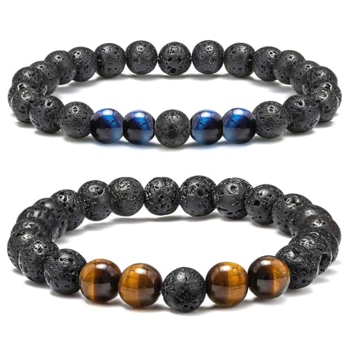 TINGN Lavastein Armband Geschenke, Blaue Tigerauge Armband Set Geschenke für Männer Angst Armband Stressabbau Armband Aromatherapie Ätherisches Öl Diffusor Armband Geburtstagsgeschenk für Männer von TINGN