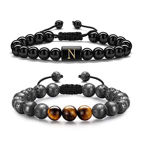 TINGN 2 Stück 8mm Perlen Armband für Herren Damen, Tigerauge Lavagestein Herren Armband Stressabbau Perlen Einstellbare Initial Obsdian Armband für Männer Perlen Buchstaben Armbänder für Jungen (N) von TINGN