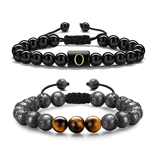 TINGN 2 Stück Initialen Armband für Herren, 8mm Tigerauge Lavagestein Obsidianstein Herren Handgefertigt Anti Angst Perlen Armbänder für Männer bedeutungsvolles Buchstaben Armband Geschenk (O) von TINGN