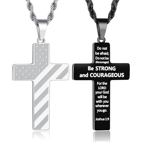 TINGN 2 Stück Kreuz Kette für Herren Damen Edelstahl Kreuz Anhänger Chain Halskette Silber Schwarz Bibel Gebet Kreuzkette Religiöser Schmuck America Flag Kette von TINGN