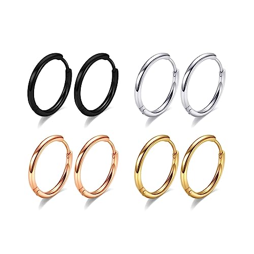 TINGN 4 Paar Ohrringe Herren Damen Creolen Set, 316L Chirurgenstahll Männer Creolen Ohrringe Klein Set 10mm Helix Piercings Creolen Schwarz Silber Gold Rosegold Knorpel Hoop Ohrringe 20G von TINGN