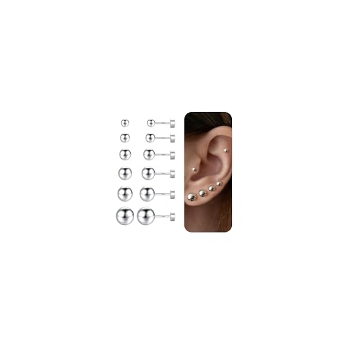TINGN 6 Paar Ohrstecker Silber 925 für Damen Herren Klein Flatback Ohrstecker Piercing CZ/Perlen/Runde Kugelschraube Flat Back Knorpel Ohrringe Set von TINGN