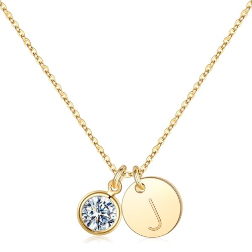 TINGN April Geburtsstein Anhänger Kette Damen, 14K Gold Vergoldet Diamant Geburtsstein Halskette Mode Runde Cut Buchstaben J Schmuck Geburtstag Geschenke für Mädchen Frauen Mutter Freundin von TINGN