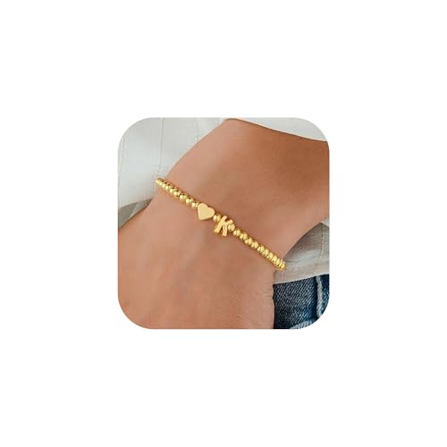 TINGN Buchstaben Armband mit Herz - 14K Gold Vergoldet Perlenarmband Buchstaben K Armband Gold Armbänder Mädchen Geburtstagsgeschenk für Frauen Freundin Geschenke für Mädchen Frauen Schmuck Damen von TINGN