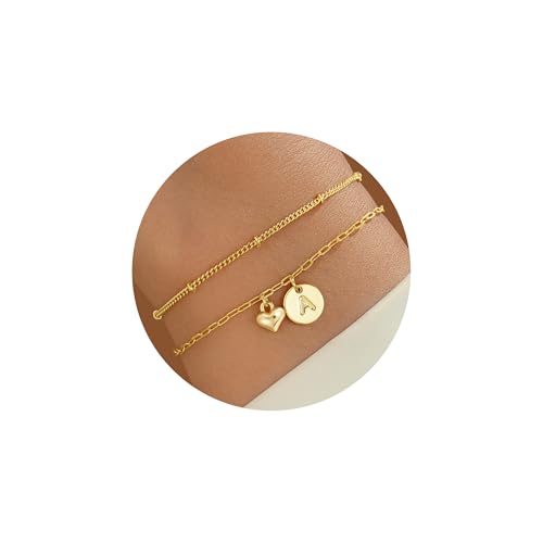TINGN Armband Damen Gold - 14K Gold Vergoldet Herz Armbänder Verstellbare Armband mit Buchstaben A Personalisiert Geschenke für Frauen Mädchen Freundin Goldene Armbänder Goldene Schmuck Damen von TINGN