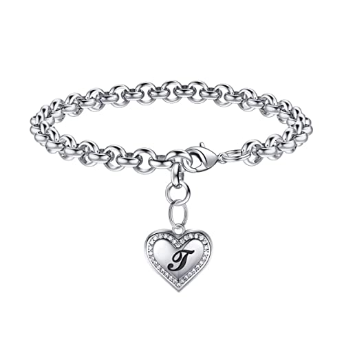 TINGN Armband Damen Mädchen Silber, Bettlerarmbänder Armbänder mit T Buchstaben Herz Anhänger Damen Charm Bracelet Armband Personalisierte Geschenke Geburtstag für Frauen Mädchen Freundin von TINGN