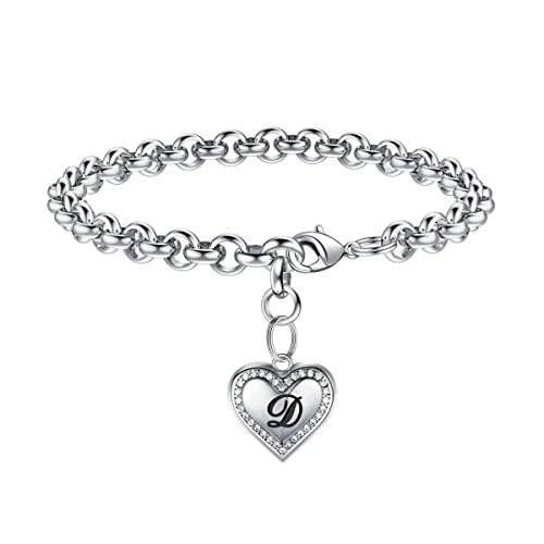 TINGN Armband Damen Mädchen Silber, D Buchstaben Armband Personalisiert Herz Anhänger Armbänder Damen Personalisierte Geburtstag Weihnachten Geschenke für Frauen Freundin Mädchen Enkelin von TINGN