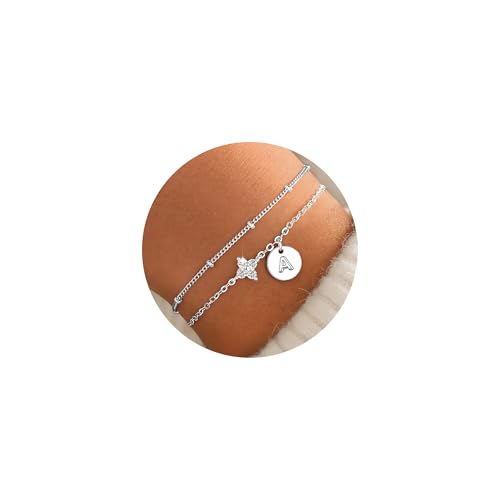 TINGN Armband mit Buchstaben Damen, Armbänder Silber mit Vierblättriges Kleeblatt Cubic Zirkonia Layered Armband mit Buchstaben A Personalisiert Geschenke für Frauen Mädchen Freundin Schmuck Damen TINGN Armband mit Buchstaben Damen, Armbänder Silber mit Vierblättriges Kleeblatt Cubic Zirkonia Layered Armband mit Buchstaben A Personalisiert Geschenke für Frauen Mädchen Freundin Schmuck Damen von TINGN