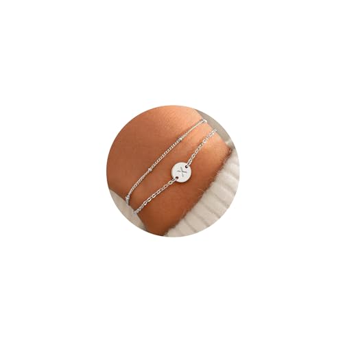 TINGN Armband Mädchen Silber, Silber Gefüllte Layered Perlen Initialen X Armband mit Buchstaben Personalisiertes Disc-Monogramm Charm Armband Silber Armbänder für Damen Teenager Mädchen Geschenke von TINGN