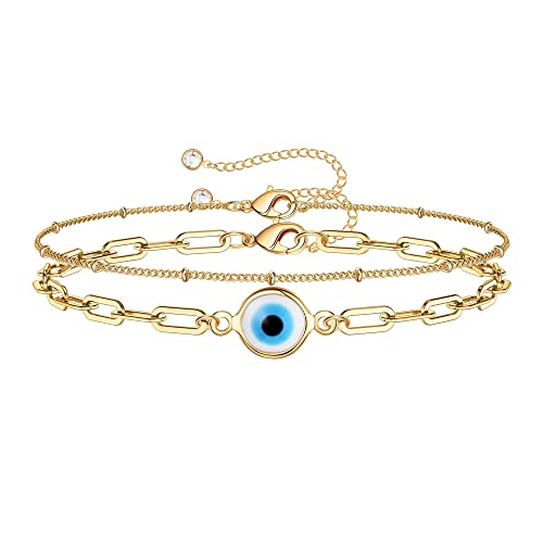 TINGN Böser Blick Armband für Frauen, 14 Karat Gold Gefüllt Handgefertigt Geschichtet Büroklammer Kettenarmband Perlenkette Rund Böser Blick Armband für Frauen Schmuck (Böser Blick & Büroklammerkette) von TINGN