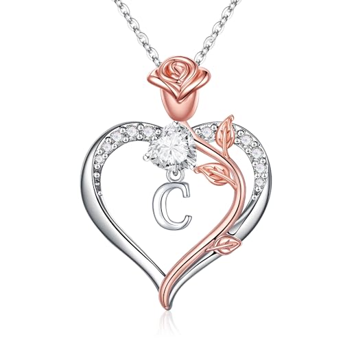 TINGN Buchstaben Halskette Damen, Silber Kette mit Buchstaben Kette mit Rosa Herz Anhänger für Damen Mädchen Intiale C Halskette Damen Buchstaben Kette Schmuck Damen Weihnachten Geschenke für Frauen von TINGN