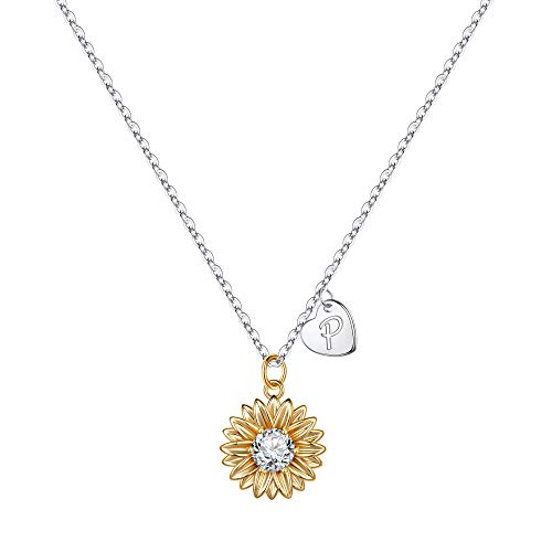 TINGN Buchstaben Kette Damen Mädchen, Weißgold Vergoldete Sonnenblumen Buchstaben Halskette für Damen Intiale Kette mit Buchstaben Silber Sonnenblumen Kette Weihnachten Geschenke Mädchen Schmuck (P) von TINGN