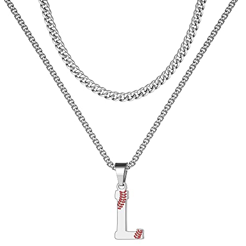 TINGN Buchstaben Kette Halskette Herren Silber, Edelstahl Mehrreihige Halskette Baseball Intiale Kette mit Buchstaben L Cuban Halskette Herren Silber Personalisierte Geschenke Männer Baseball Schmuck von TINGN