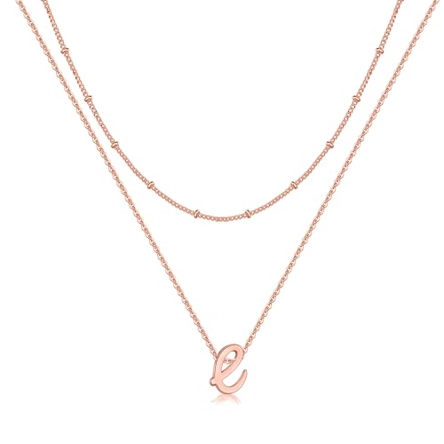 TINGN Geschichtete Rosegold Halskette Damen, Rosegold Vergoldet Klein Buchstaben E Kette Rosegold Initiale Halskette für Frauen Damen Buchstaben Halskette Teenager Mädchen Geschenke Damen Schmuck von TINGN