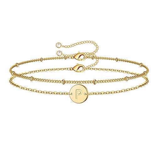 TINGN Buchstaben P Armband Damen Gold, 14 Karat Vergoldet Doppelschichtiges Armband mit Buchstaben P Initiale Armkette für Damen Schmuck Gold Armband Personalisiert für Mädchen Teenager Damen Frauen von TINGN