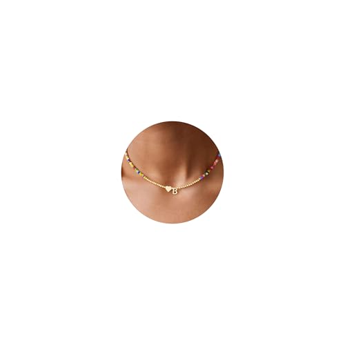 TINGN Bunte Perlenkette Damen - 14K Gold Vergoldete Kette mit Buchstaben B Damen Herz Anhänger Choker Halskette Mädchen Boho Kette für Teenager Mädchen Geburtstagsgeschenk für Kinder Tochter Nichte von TINGN