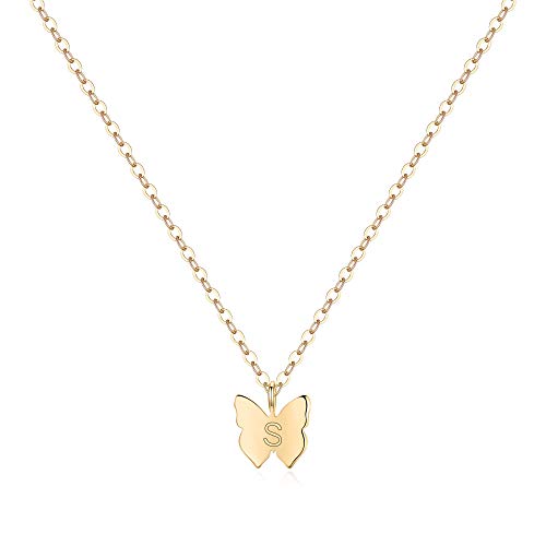 TINGN Kette mit Buchstaben Schmetterling Kette Mädchen, 14K Gold Gefüllt Schmetterling Intiale Kette für Mädchen Personalisierter Initialen Choker Schmetterling Halskette für Mädchen Schmuck (S) von TINGN