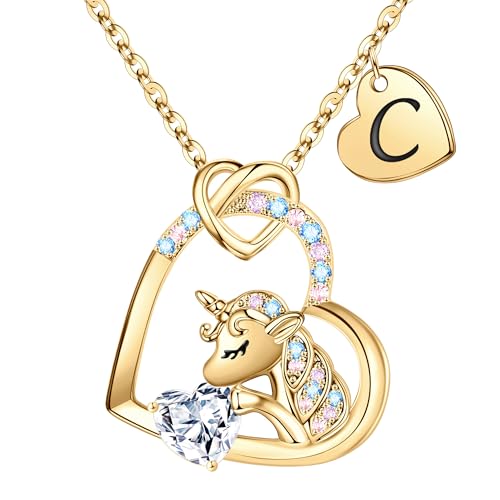 TINGN Gold Einhorn Geschenke für Mädchen, Gold Einhorn Kette Mädchen Gold Kette Herz Einhorn Geschenke für Mädchen Einhorn Kette mit Buchstaben C Kette Einhorn Geschenke für Teenager Mädchen von TINGN