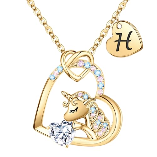 TINGN Gold Einhorn Geschenke für Mädchen, Gold Einhorn Kette Mädchen Gold Kette Herz Einhorn Geschenke für Mädchen Einhorn Kette mit Buchstaben H Kette Einhorn Geschenke für Teenager Mädchen von TINGN