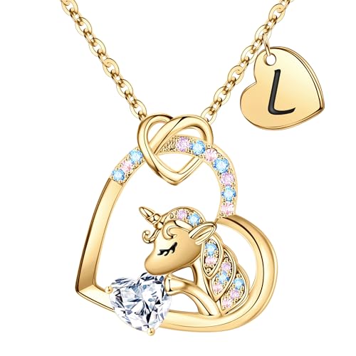 TINGN Einhorn Geschenke für Mädchen, Einhorn Kette mit Buchstaben L Kette Mädchen Einhorn Geschenke für Mädchen Teenager Mädchen Geschenke Herz Einhorn Kette Mädchen Einhorn Schmuck Mädchen von TINGN