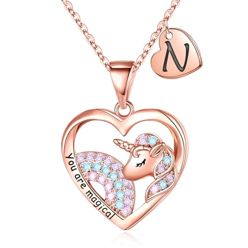 TINGN Rosegold Einhorn Geschenke für Mädchen, Rosegold Einhorn Kette Mädchen Rosegold Kette Herz Einhorn Geschenke für Mädchen Einhorn Kette mit Buchstaben N Kette Einhorn Geschenke Mädchen von TINGN