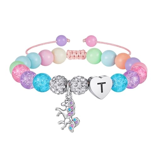 TINGN Einhorn Geschenke für Mädchen Armband - Regenbogen Perlen und Strass Kugeln Einhorn Armband mit Buchstaben T Anhänger Armbänder für Teenager Mädchen Schmuck Geschenk für Tochter Kinder von TINGN