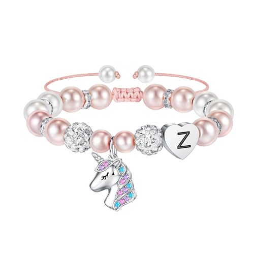 TINGN Einhorn Armbänder für Teenager Mädchen – Rosa Armband Perlen mit Einhorn Anhänger Buchstaben Armband Regenbogen Silber Intiale Einhorn Armband Einhorn Geschenke für Mädchen Geschenke (Z) von TINGN