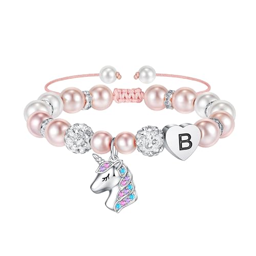 TINGN Einhorn Armbänder für Teenager Mädchen – Rosa Armband Perlen mit Einhorn Anhänger Buchstaben Armband Regenbogen Silber Intiale Einhorn Armband Einhorn Geschenke für Mädchen Geschenke (B) von TINGN