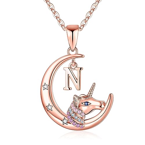 TINGN Einhorn Geschenke für Mädchen, 14K Vergoldet Roségold Kette mit Buchstaben Anhänger Einhorn CZ Initial N Halskette Mädchen Einhorn Kette Mädchen Schmuck Einhorn Halskette Mädchen Geschenke von TINGN