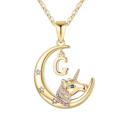 TINGN Einhorn Geschenke für Mädchen, 14K Plattierter Halbmond Anhänger Einhorn Kette für Mädchen Bunte CZ Einhorn Halskette Schmuck Mädchen Initiale G Kette Gold Einhorn Geschenke für Mädchen Frauen von TINGN