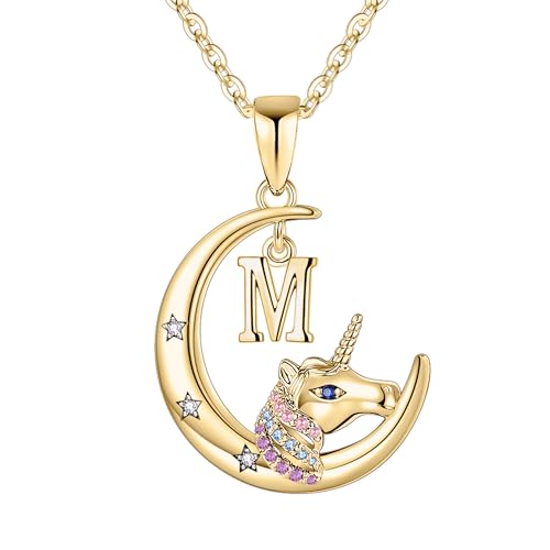 TINGN Einhorn Geschenke für Mädchen, 14K Plattierter Halbmond Anhänger Einhorn Kette für Mädchen Bunte CZ Einhorn Halskette Schmuck Mädchen Initiale M Kette Gold Einhorn Geschenke für Mädchen Frauen von TINGN