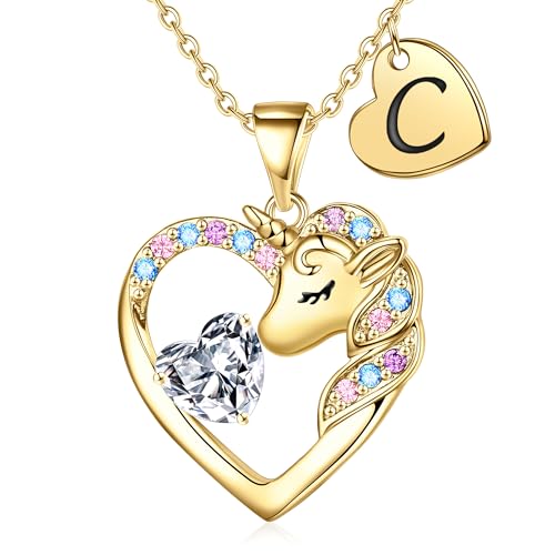 TINGN Gold Einhorn Geschenke für Mädchen, Gold Einhorn Kette Mädchen Gold Kette Herz Einhorn Geschenke für Mädchen Einhorn Kette mit Buchstaben C Kette Einhorn Geschenke für Teenager Mädchen von TINGN